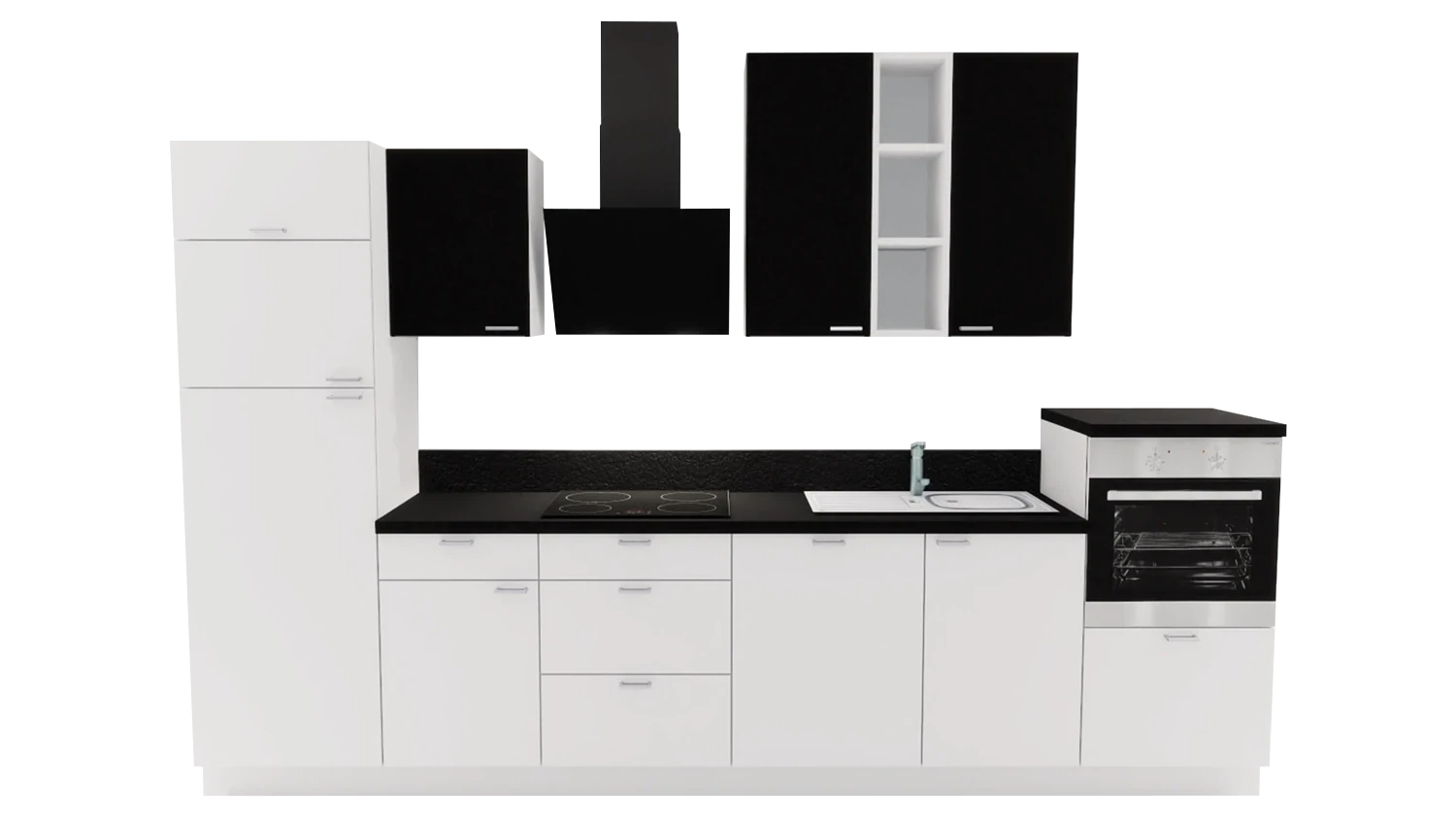 Express Küchenzeile mit Geräten in Weiß & Schwarz: 340 cm, Spüle rechts | Küchenblock "EXK880-4-1-r" / Bild 1
