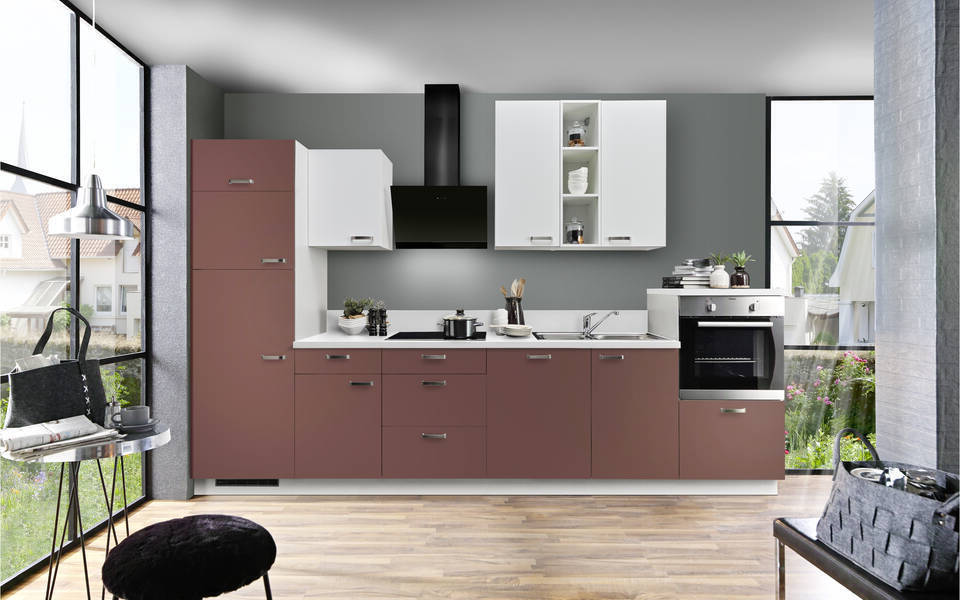Express Küchenzeile mit Geräten in Karminrot & Weiß: 340 cm, Spüle rechts | Küchenblock "EXK880-2-1-r" / Bild 2