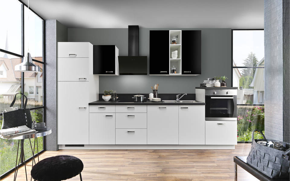 Express Küchenzeile mit Geräten in Weiß & Schwarz: 340 cm, Spüle rechts | Küchenblock "EXK880-4-1-r" / Bild 3