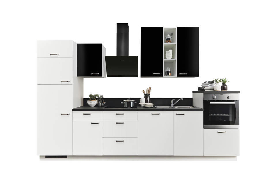 Express Küchenzeile mit Geräten in Weiß & Schwarz: 340 cm, Spüle rechts | Küchenblock "EXK880-4-1-r" / Bild 4