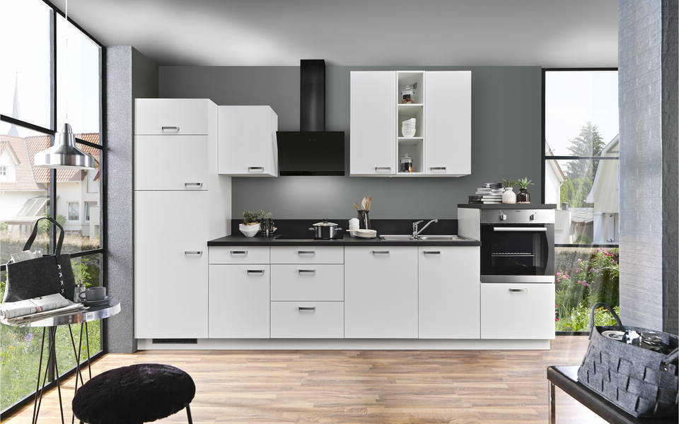 Express Küchenzeile mit Geräten in Weiß & Schwarz: 340 cm, Spüle rechts | Küchenblock "EXK880-1-1-r" / Bild 2