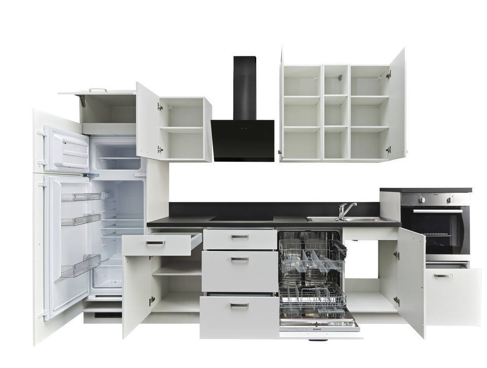 Express Küchenzeile mit Geräten in Weiß & Schwarz: 340 cm, Spüle rechts | Küchenblock "EXK880-1-1-r"