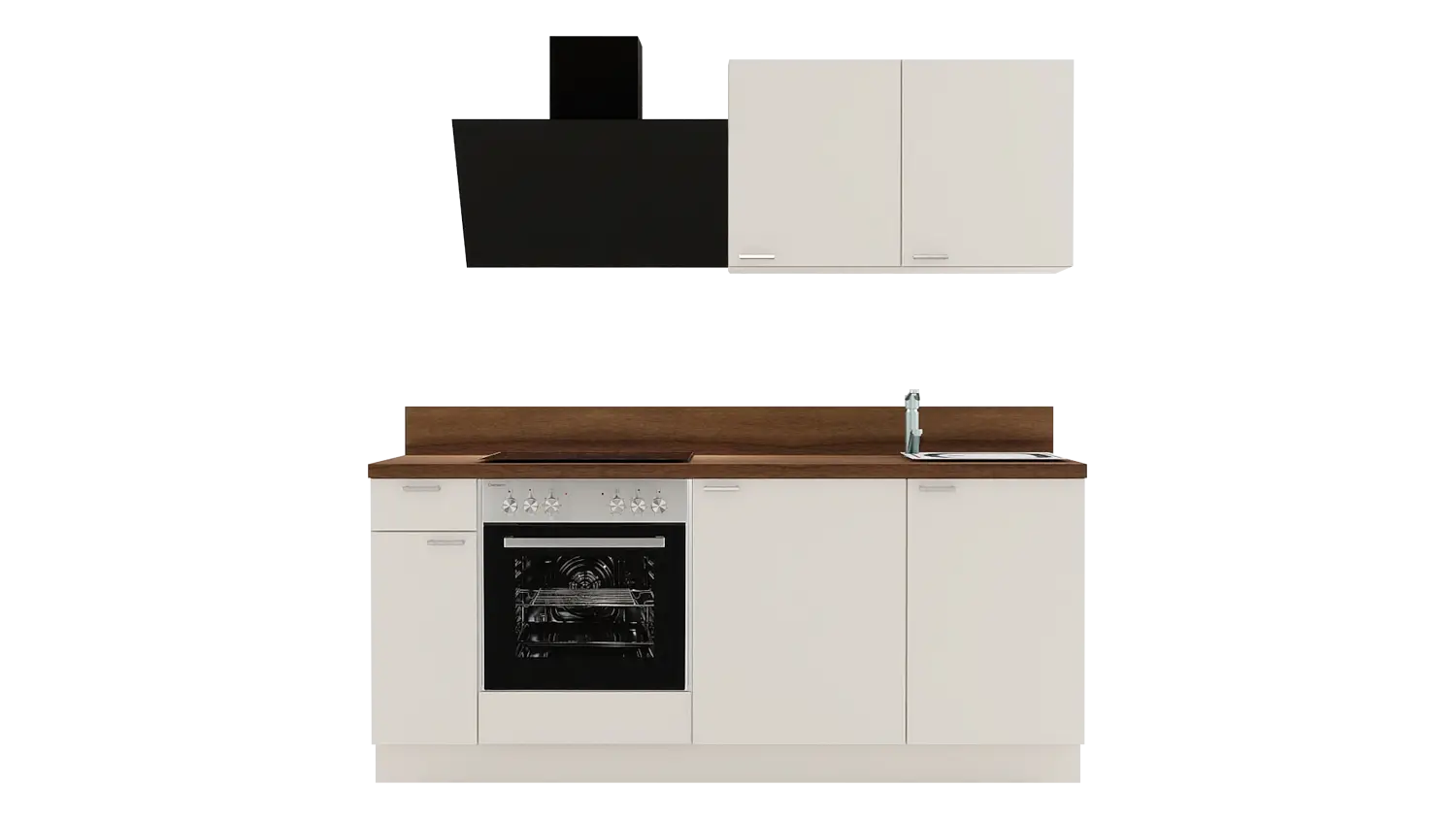 Express Küchenzeile mit Geräten in Magnolia & Nussbaum: 200 cm, Spüle rechts | Miniküche "EXK890-2-1-r"
