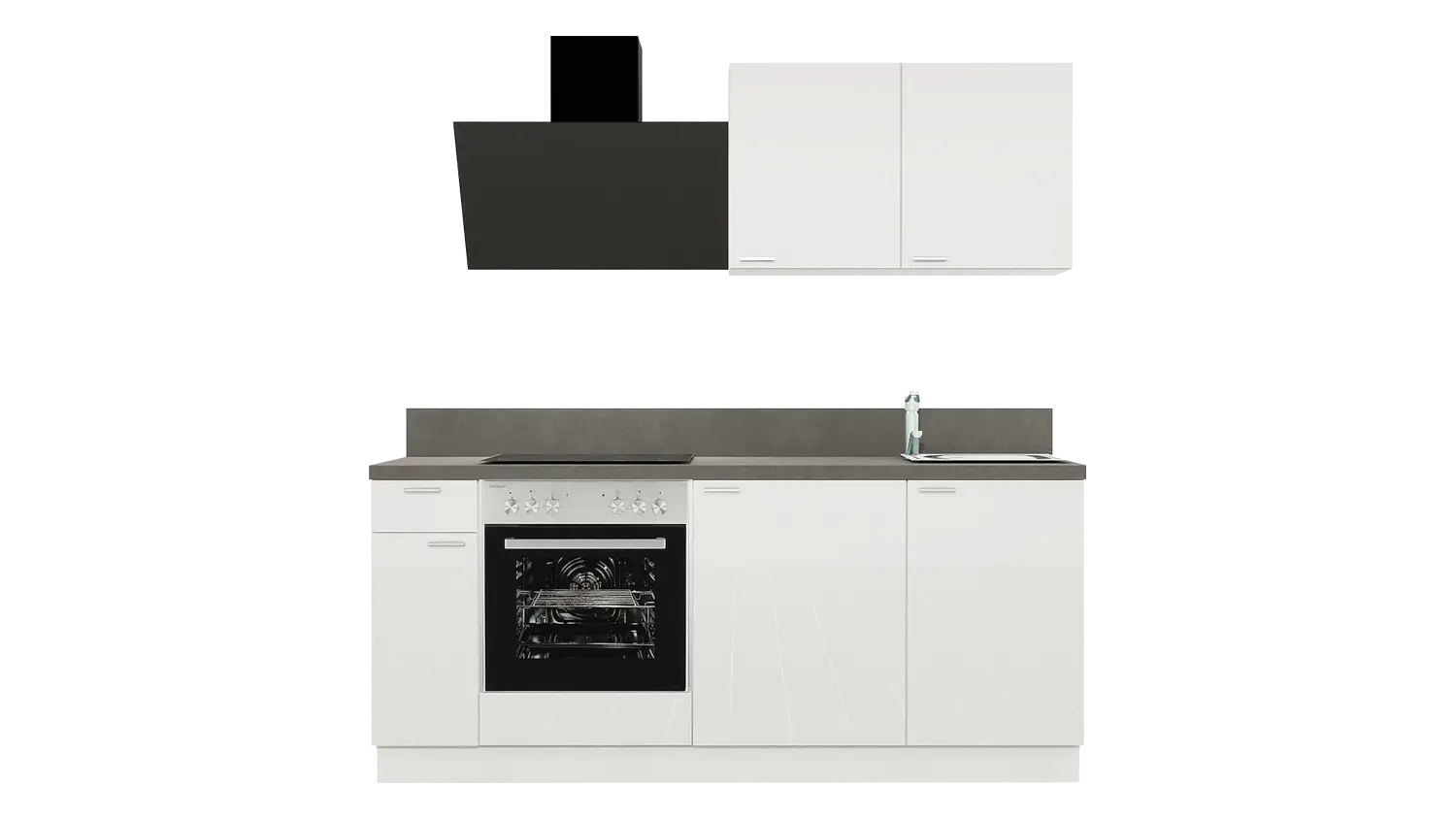 Express Küchenzeile mit Geräten in Weiß Hochglanz & Stahl dunkel: 200 cm, Spüle rechts | Miniküche "EXK890-5-1-r"