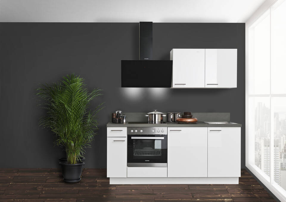 Express Küchenzeile mit Geräten in Weiß Hochglanz & Stahl dunkel: 200 cm, Spüle rechts | Miniküche "EXK890-5-1"