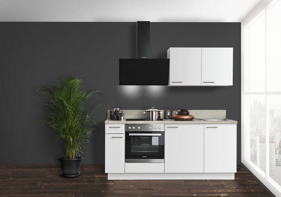 Express Küchenzeile mit Geräten in Weiß & Zement hell: 200 cm, Spüle rechts | Miniküche "EXK890-1-1"