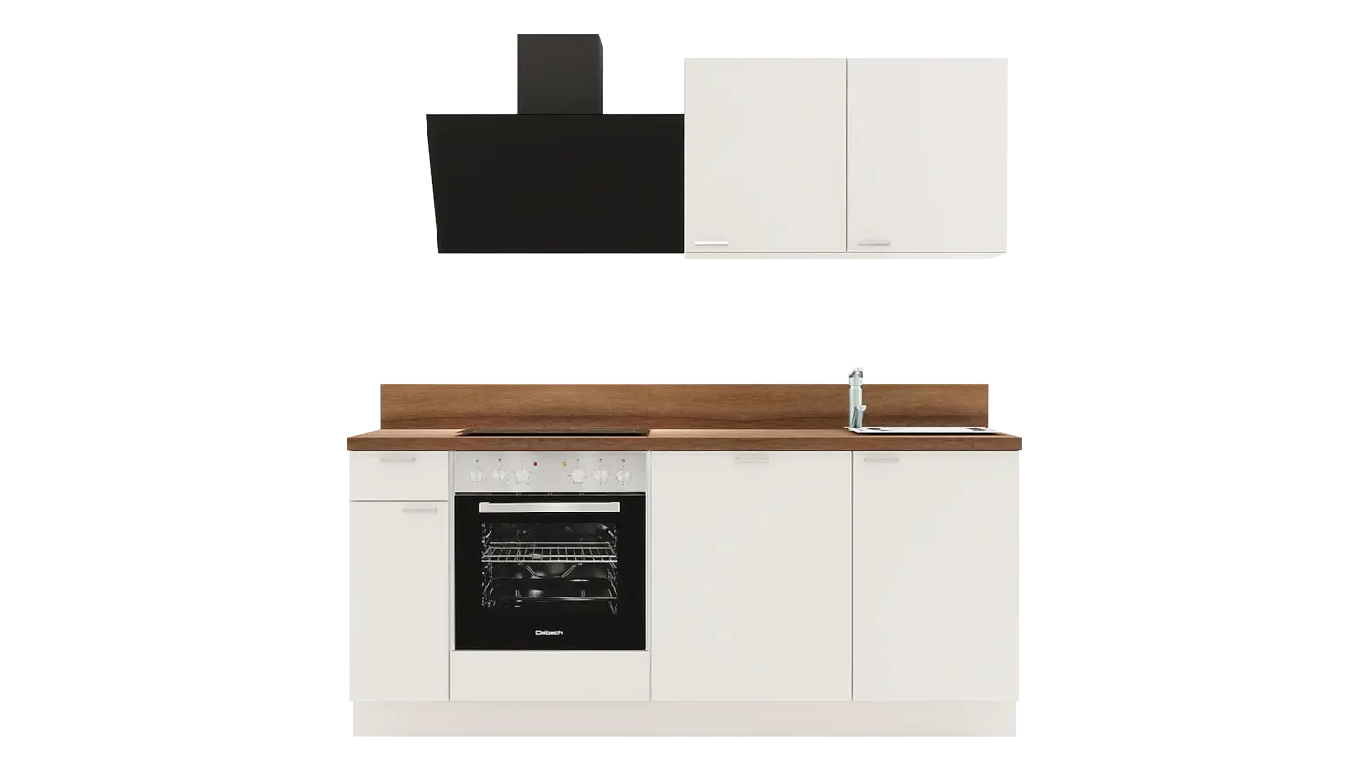 Express Küchenzeile mit Geräten in Magnolia & Nussbaum: 200 cm, Spüle rechts | Miniküche "EXK900-2-1-r"