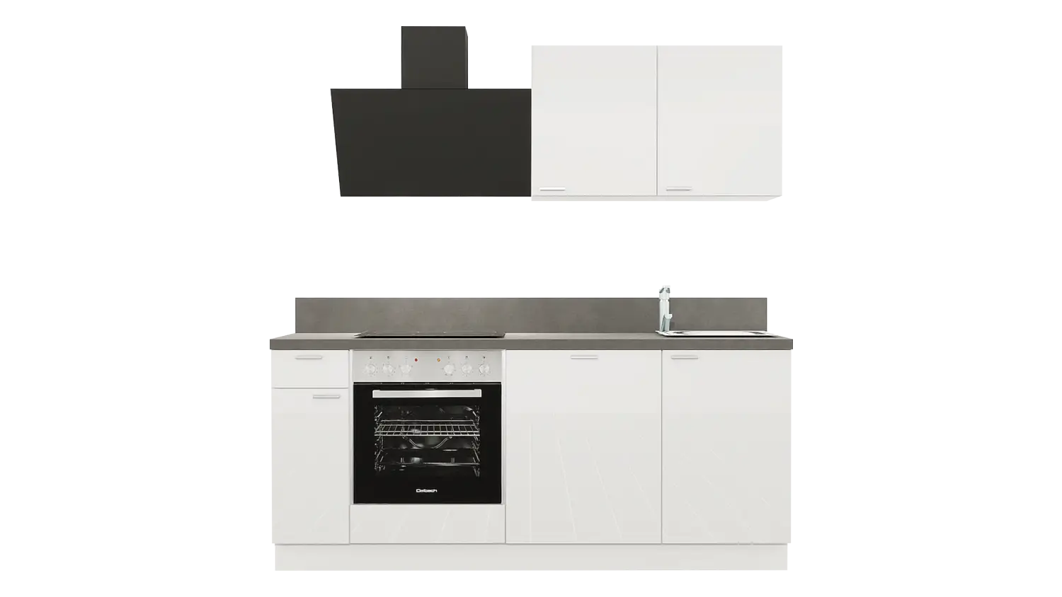Express Küchenzeile mit Geräten in Weiß Hochglanz & Stahl dunkel: 200 cm, Spüle rechts | Miniküche "EXK900-5-1-r" / Bild 1