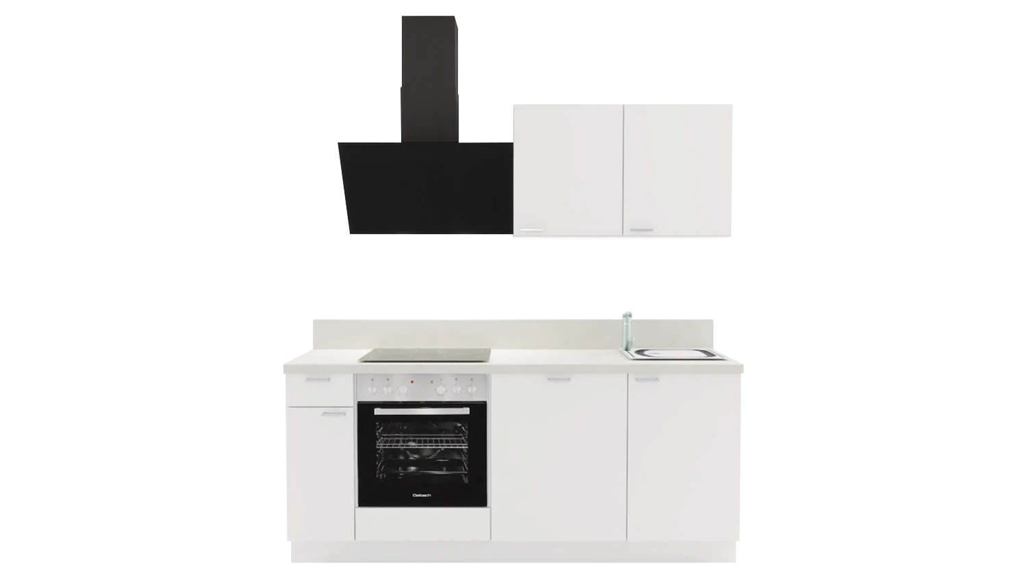 Express Küchenzeile mit Geräten in Weiß & Zement hell: 200 cm, Spüle rechts | Miniküche "EXK900-1-1-r"