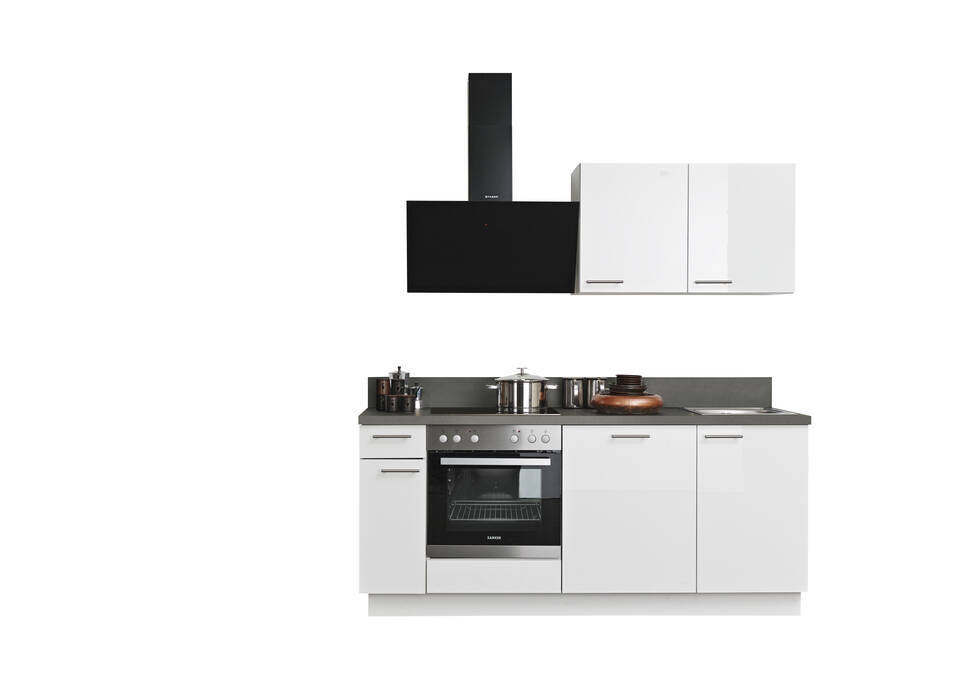 Express Küchenzeile mit Geräten in Weiß Hochglanz & Stahl dunkel: 200 cm, Spüle rechts | Miniküche "EXK900-5-1-r"