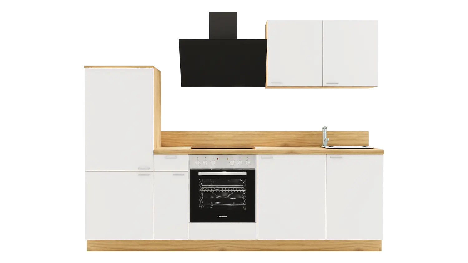 Express Küchenzeile mit Geräten in Weiß & Eiche astig: 260 cm, Spüle rechts | Küchenblock "EXK910-4-1-r"