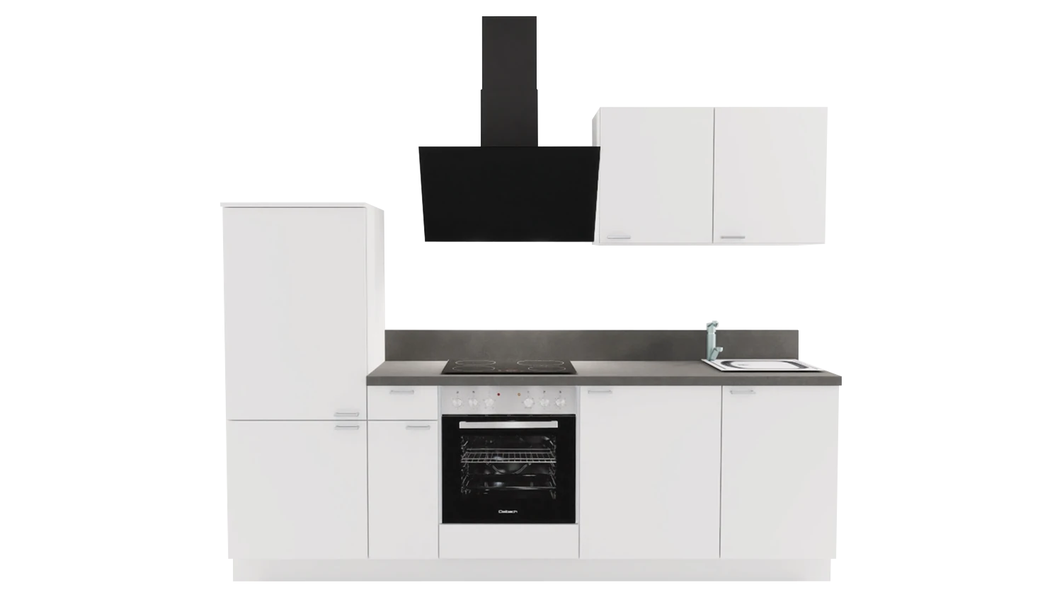 Express Küchenzeile mit Geräten in Weiß Hochglanz & Stahl dunkel: 260 cm, Spüle rechts | Küchenblock "EXK910-5-1-r"