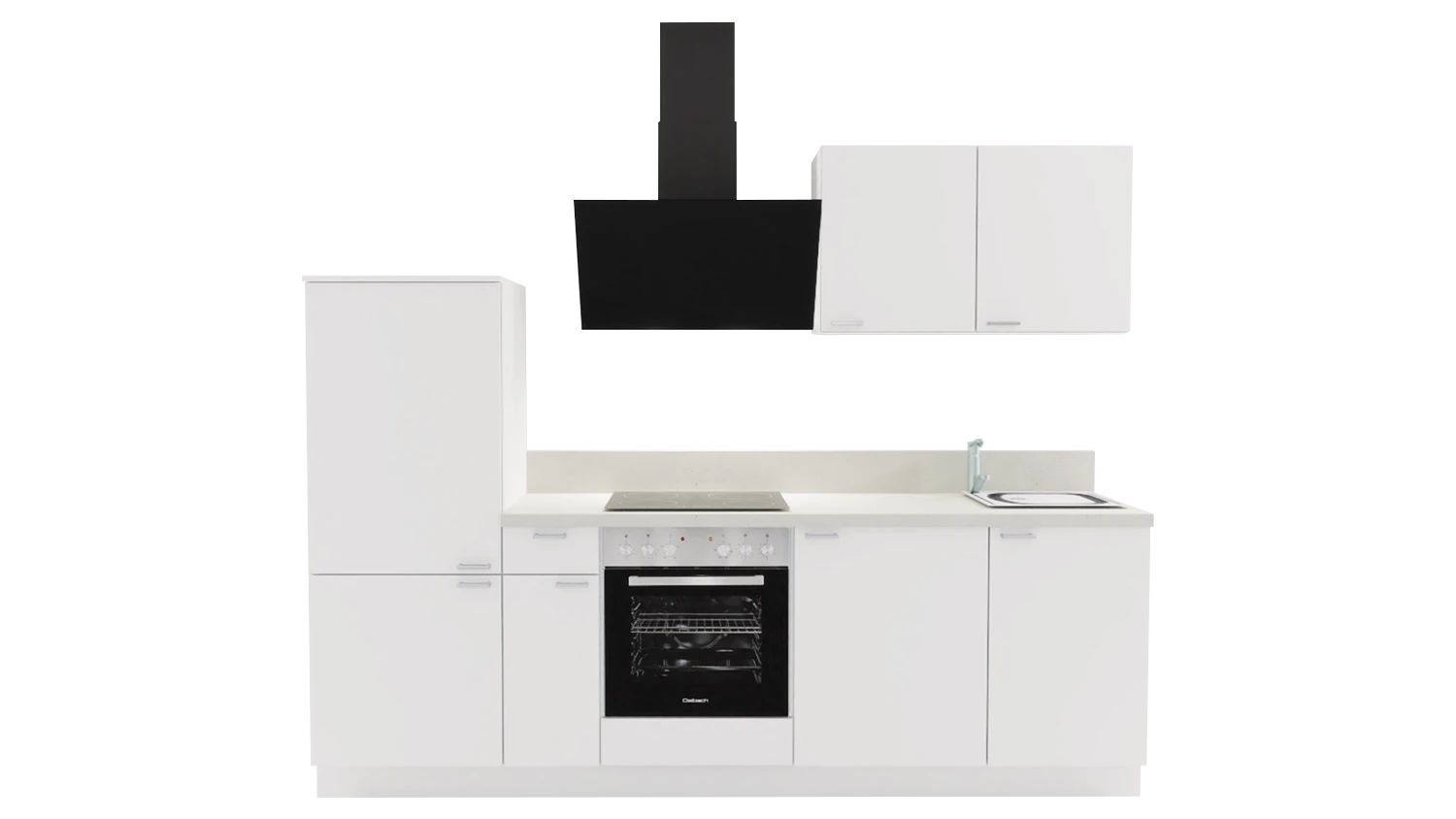 Express Küchenzeile mit Geräten in Weiß & Zement hell: 260 cm, Spüle rechts | Küchenblock "EXK910-1-1-r"