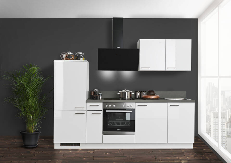 Express Küchenzeile mit Geräten in Weiß Hochglanz & Stahl dunkel: 260 cm, Spüle rechts | Küchenblock "EXK910-5-1"
