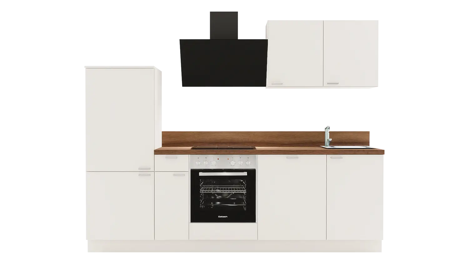 Express Küchenzeile mit Geräten in Magnolia & Nussbaum: 260 cm, Spüle rechts | Singleküche "EXK920-2-1-r"