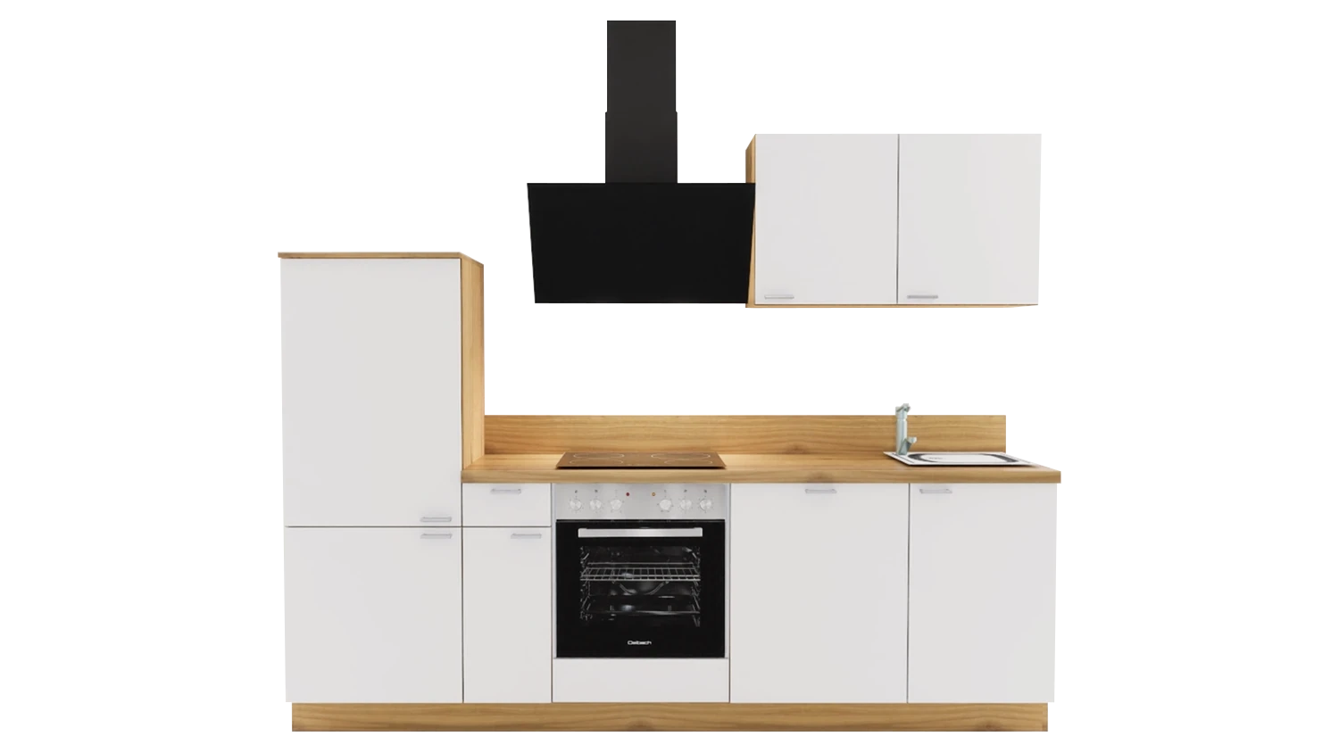 Express Küchenzeile mit Geräten in Weiß & Eiche astig: 260 cm, Spüle rechts | Singleküche "EXK920-4-1-r"