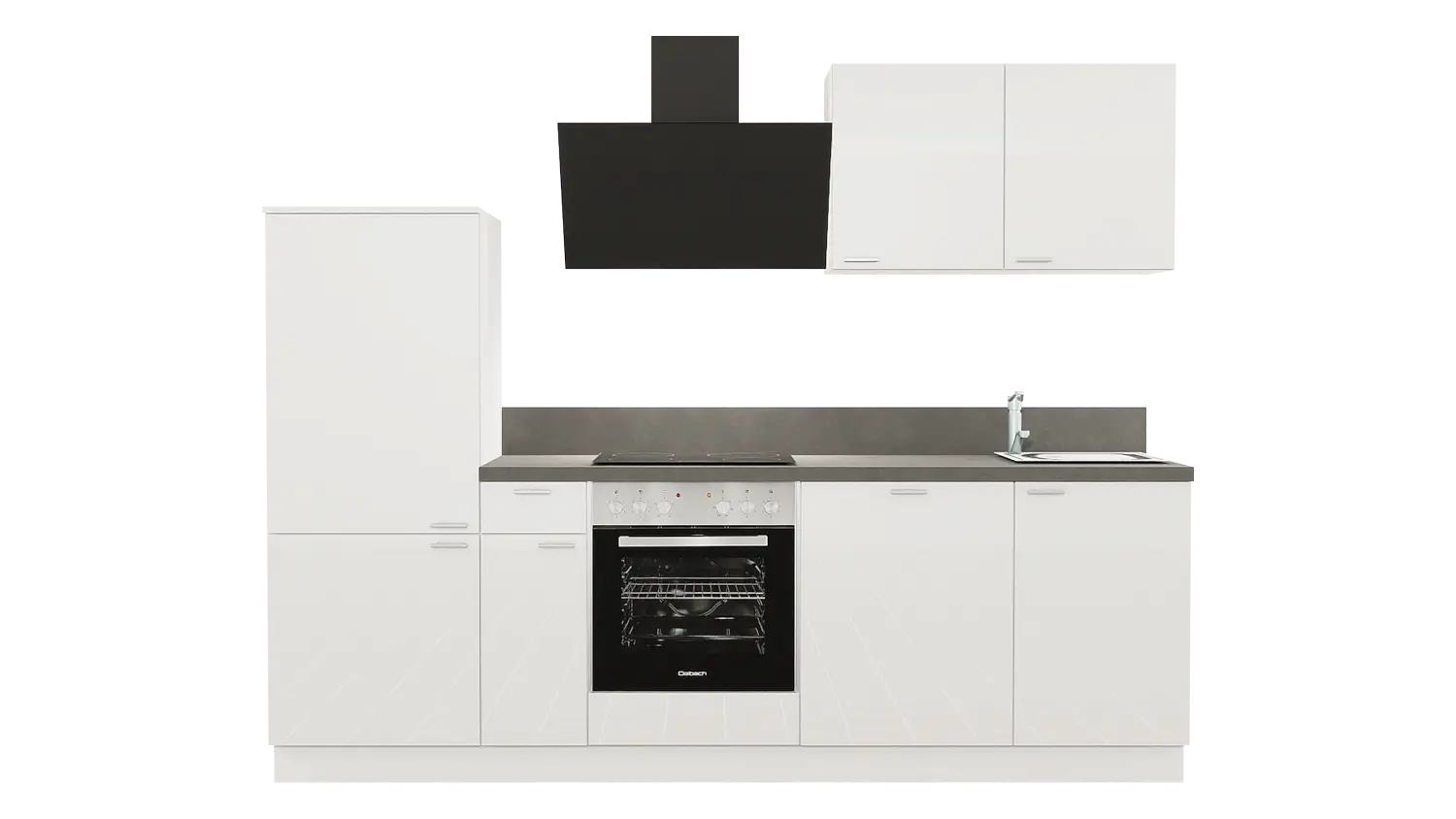 Express Küchenzeile mit Geräten in Weiß Hochglanz & Stahl dunkel: 260 cm, Spüle rechts | Singleküche "EXK920-5-1-r"