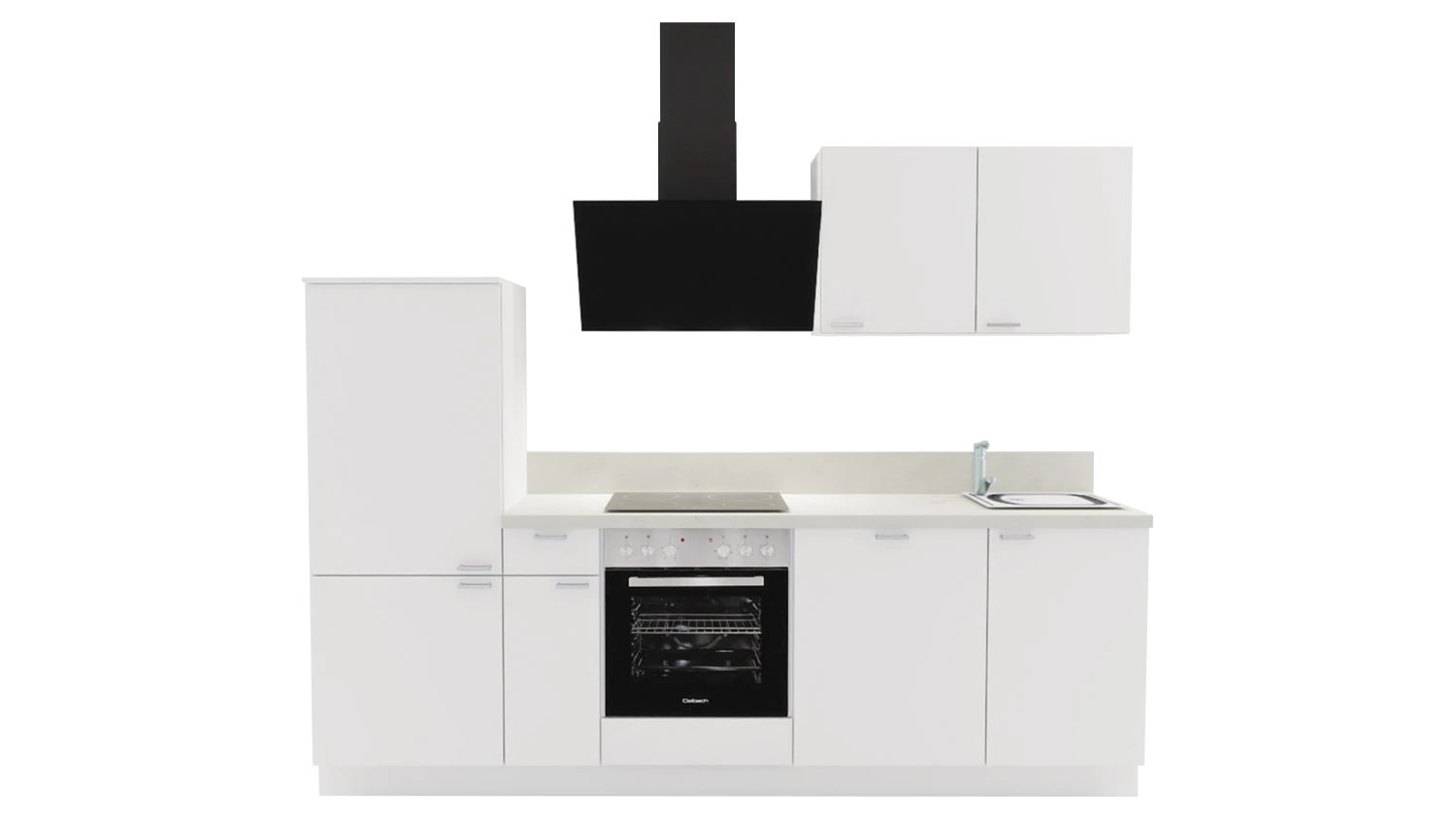 Express Küchenzeile mit Geräten in Weiß & Zement hell: 260 cm, Spüle rechts | Singleküche "EXK920-1-1-r"