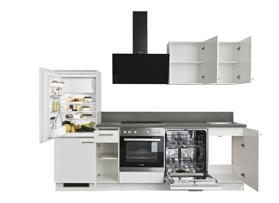 Express Küchenzeile mit Geräten in Weiß Hochglanz & Stahl dunkel: 260 cm, Spüle rechts | Singleküche "EXK920-5-1-r"