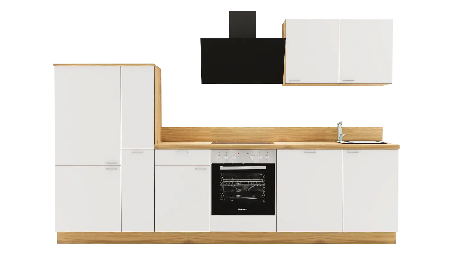 Express Küchenzeile mit Geräten in Weiß & Eiche astig: 310 cm, Spüle rechts | Küchenblock "EXK930-4-1-r"