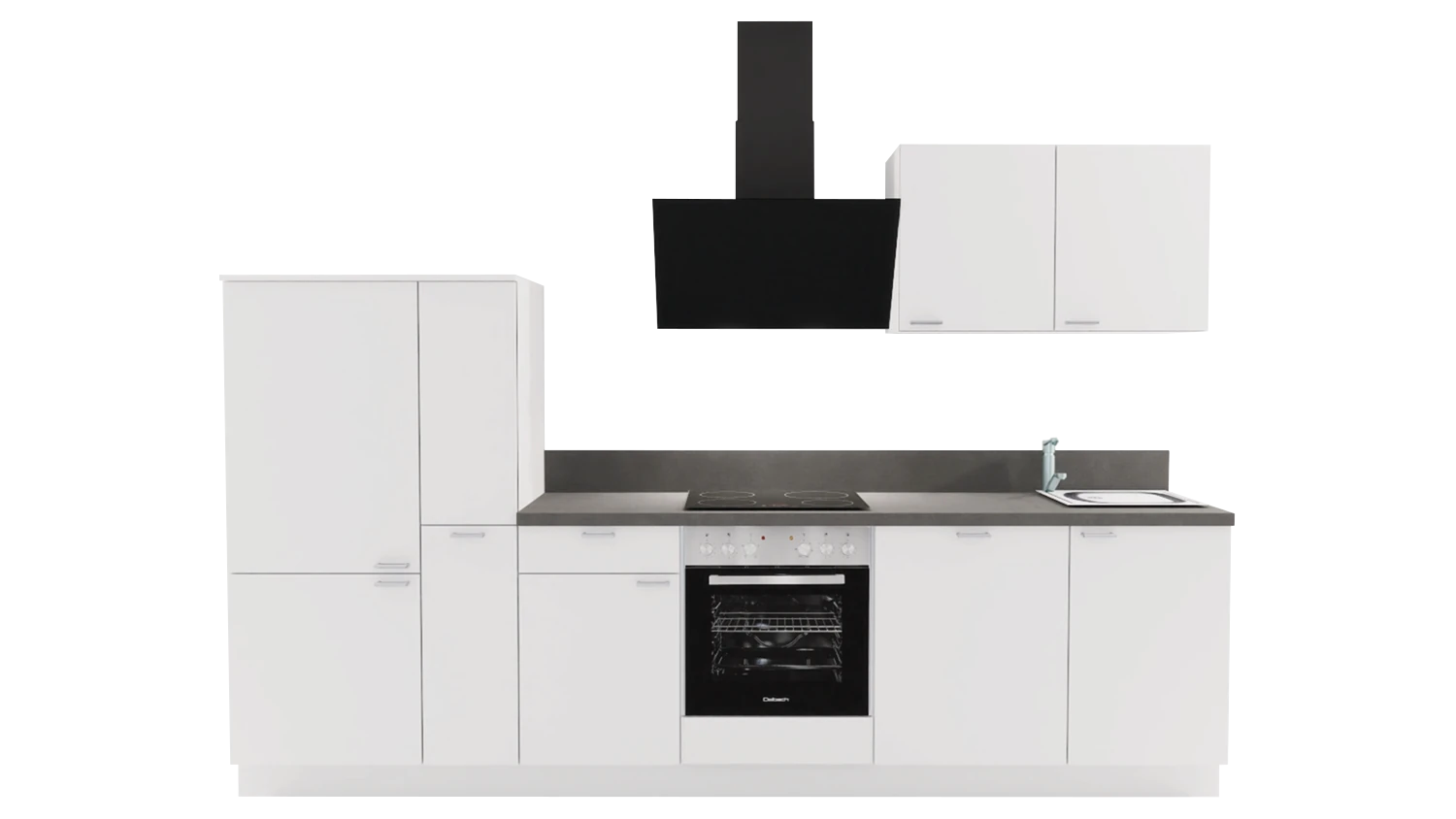 Express Küchenzeile mit Geräten in Weiß Hochglanz & Stahl dunkel: 310 cm, Spüle rechts | Küchenblock "EXK930-5-1-r"