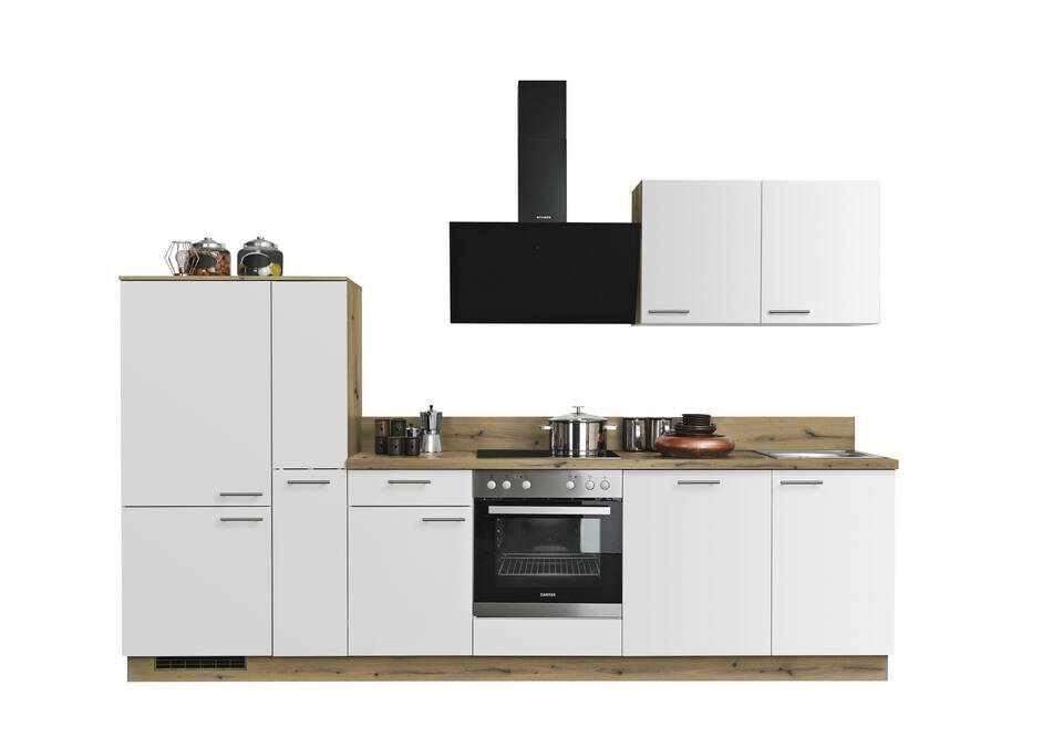 Express Küchenzeile mit Geräten in Weiß & Eiche astig: 310 cm, Spüle rechts | Küchenblock "EXK930-4-1"