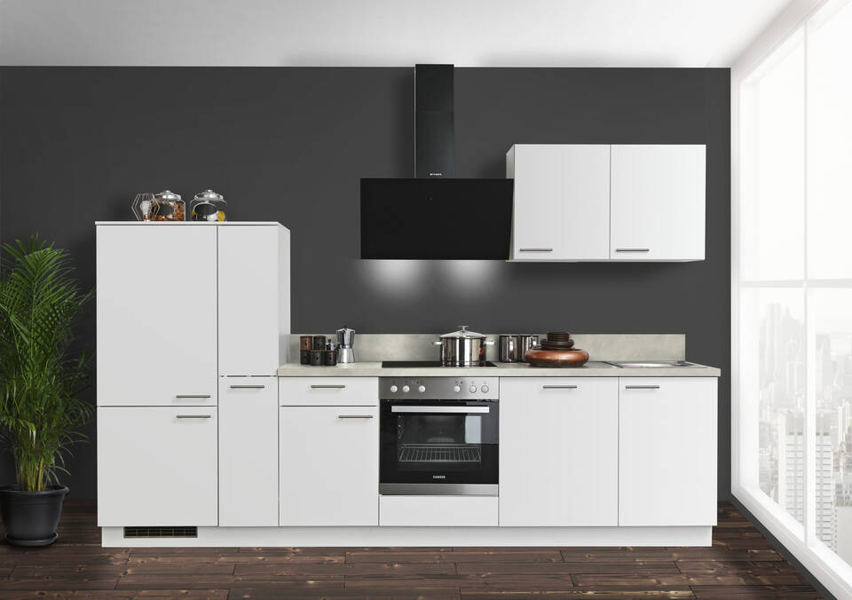 Express Küchenzeile mit Geräten in Weiß & Zement hell: 310 cm, Spüle rechts | Küchenblock "EXK930-1-1" / Bild 1