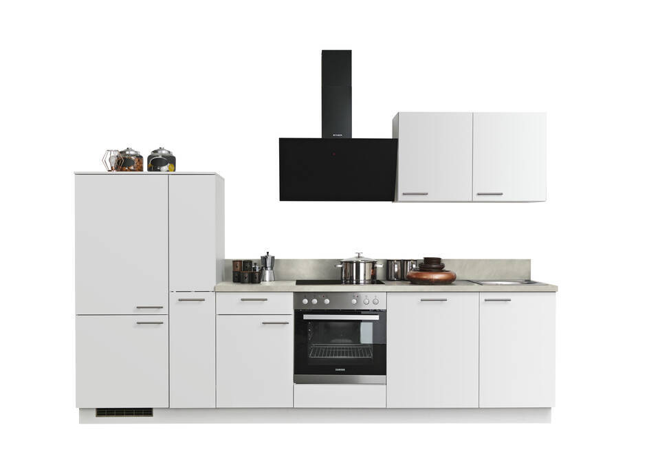 Express Küchenzeile mit Geräten in Weiß & Zement hell: 310 cm, Spüle rechts | Küchenblock "EXK930-1-1"