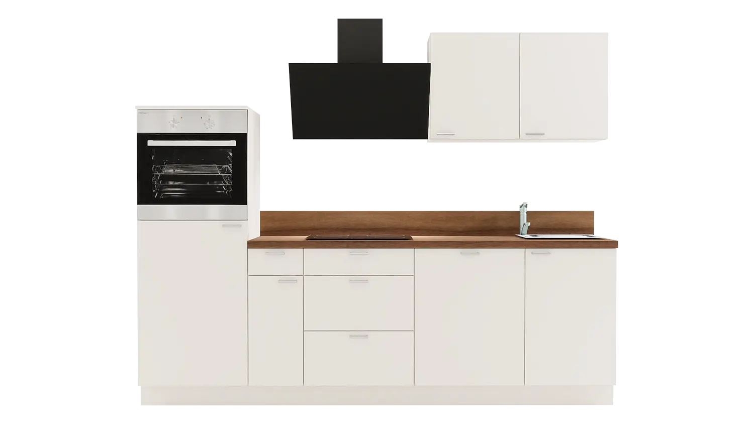 Express Küchenzeile mit Geräten in Magnolia & Nussbaum: 260 cm, Spüle rechts | Singleküche "EXK940-2-1-r"