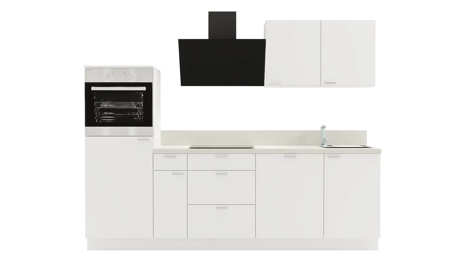 Express Küchenzeile mit Geräten in Weiß & Zement hell: 260 cm, Spüle rechts | Singleküche "EXK940-1-1-r"