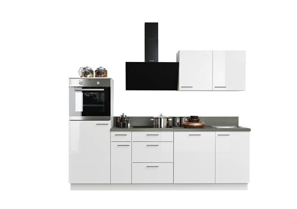 Express Küchenzeile mit Geräten in Weiß Hochglanz & Stahl dunkel: 260 cm, Spüle rechts | Singleküche "EXK940-5-1-r"