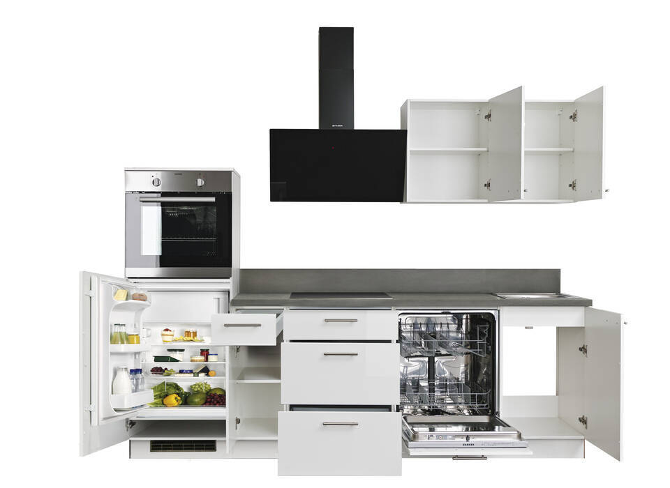 Express Küchenzeile mit Geräten in Weiß Hochglanz & Stahl dunkel: 260 cm, Spüle rechts | Singleküche "EXK940-5-1-r"