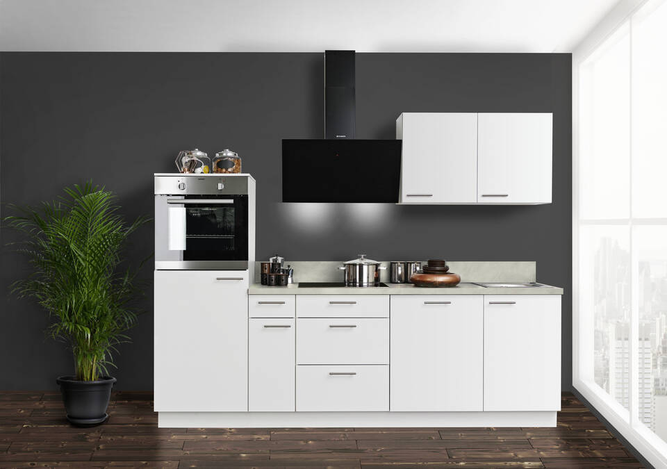 Express Küchenzeile mit Geräten in Weiß & Zement hell: 260 cm, Spüle rechts | Singleküche "EXK940-1-1"