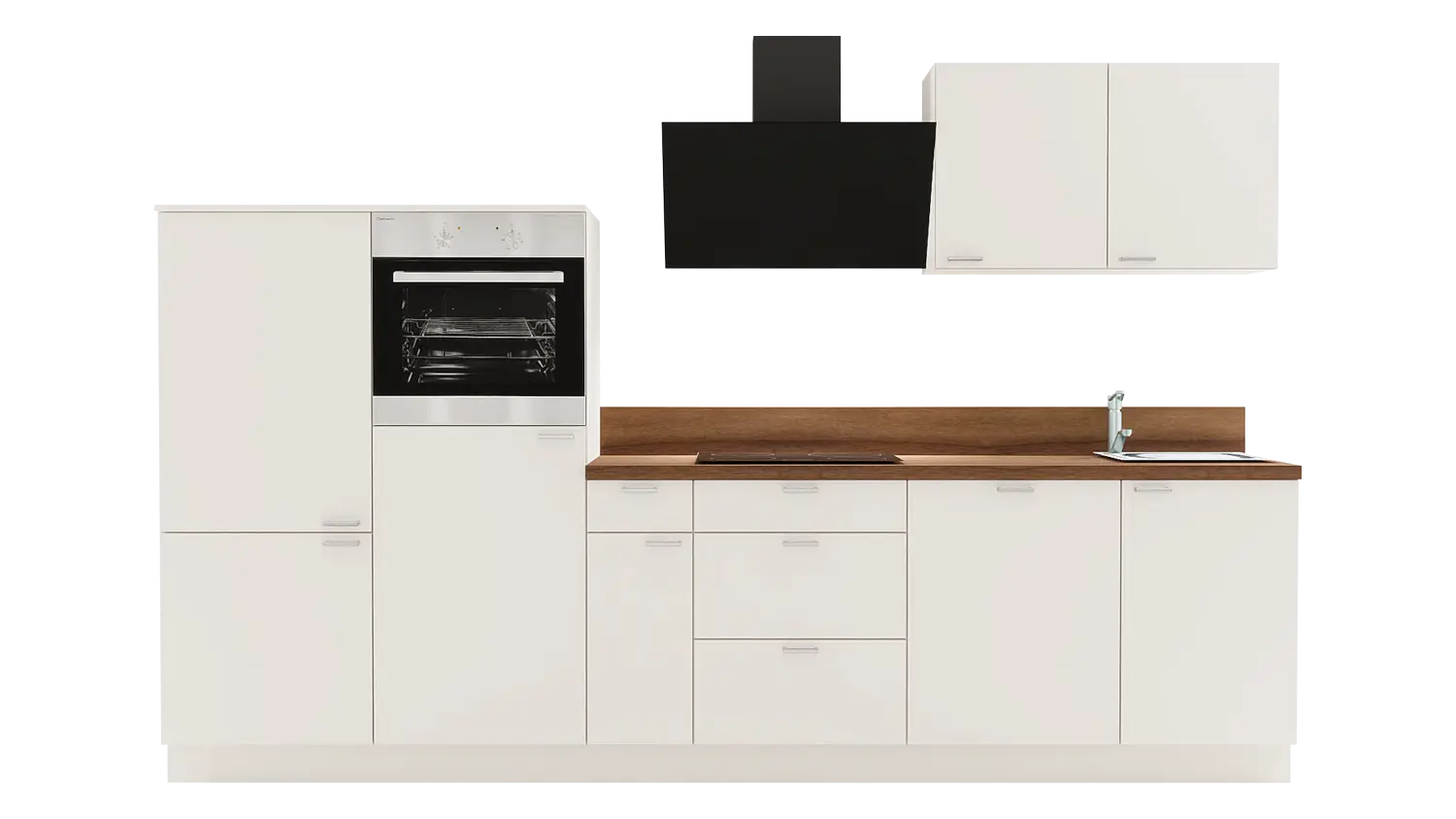 Express Küchenzeile mit Geräten in Magnolia & Nussbaum: 320 cm, Spüle rechts | Küchenblock "EXK950-2-1-r"