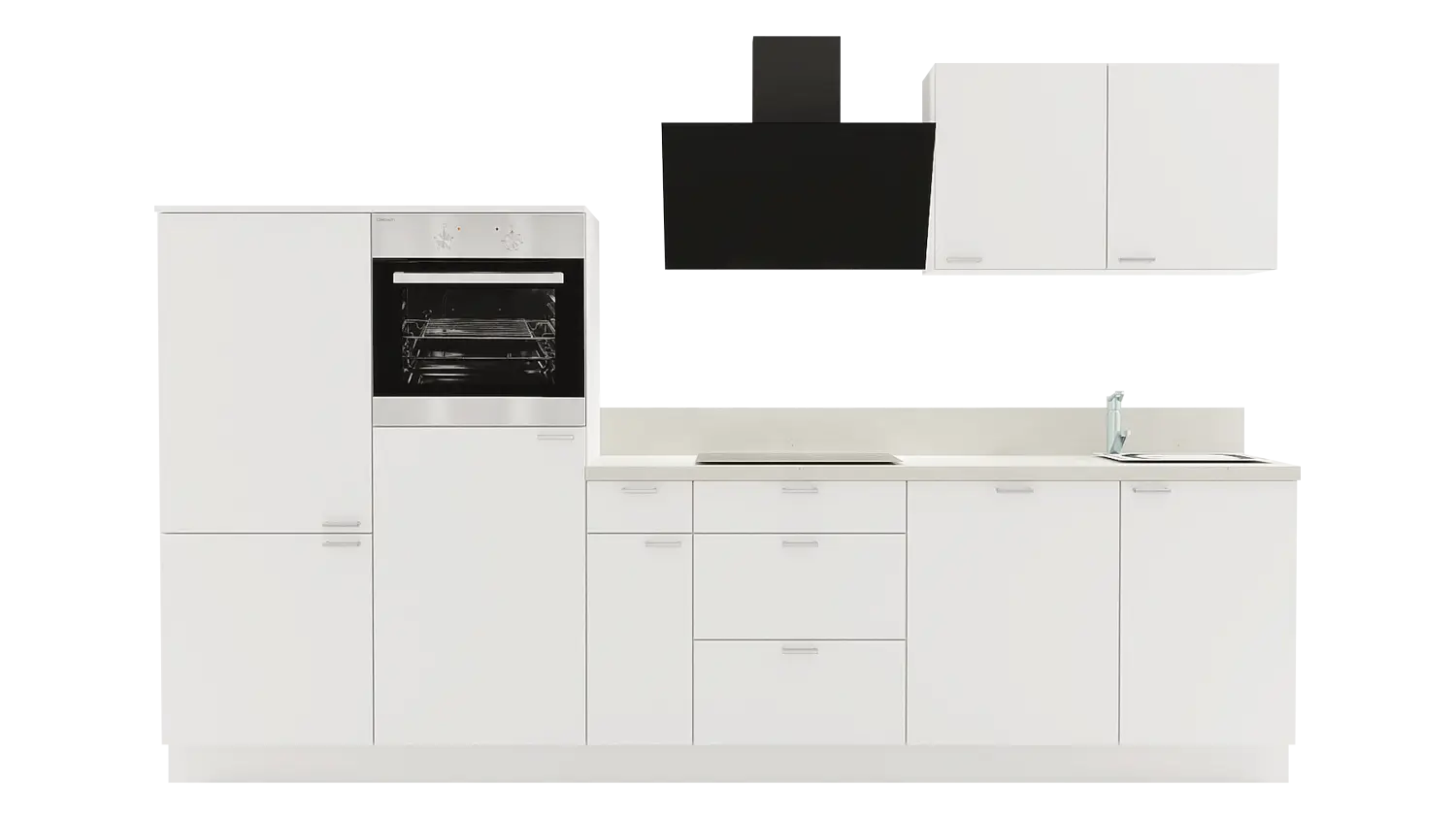 Express Küchenzeile mit Geräten in Weiß & Zement hell: 320 cm, Spüle rechts | Küchenblock "EXK950-1-1-r"