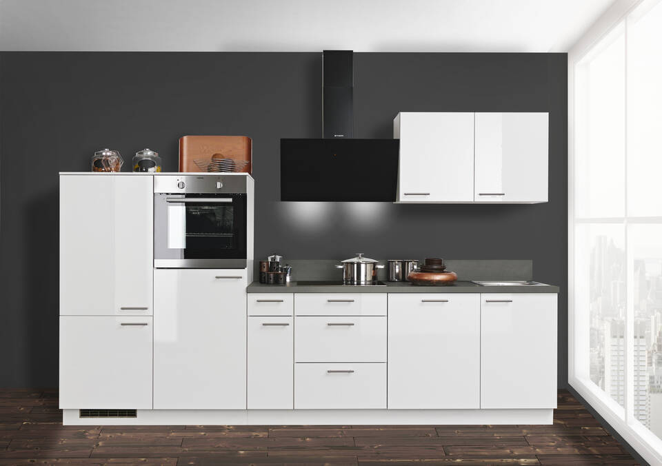 Express Küchenzeile mit Geräten in Weiß Hochglanz & Stahl dunkel: 320 cm, Spüle rechts | Küchenblock "EXK950-5-1"