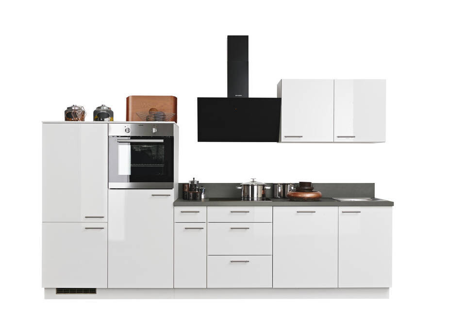 Express Küchenzeile mit Geräten in Weiß Hochglanz & Stahl dunkel: 320 cm, Spüle rechts | Küchenblock "EXK950-5-1-r" / Bild 3