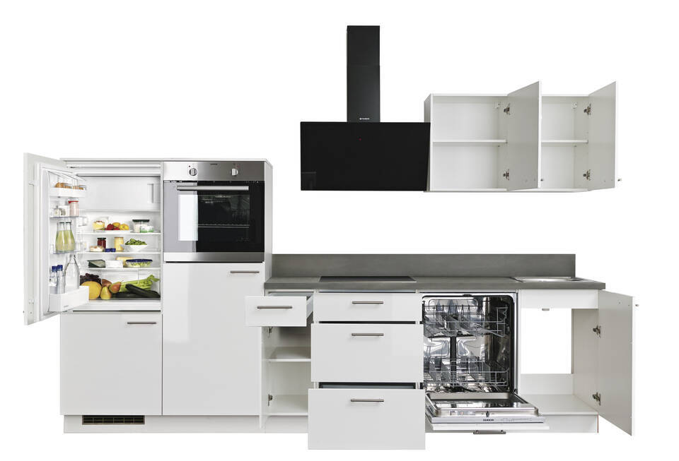Express Küchenzeile mit Geräten in Weiß Hochglanz & Stahl dunkel: 320 cm, Spüle rechts | Küchenblock "EXK950-5-1-r" / Bild 4