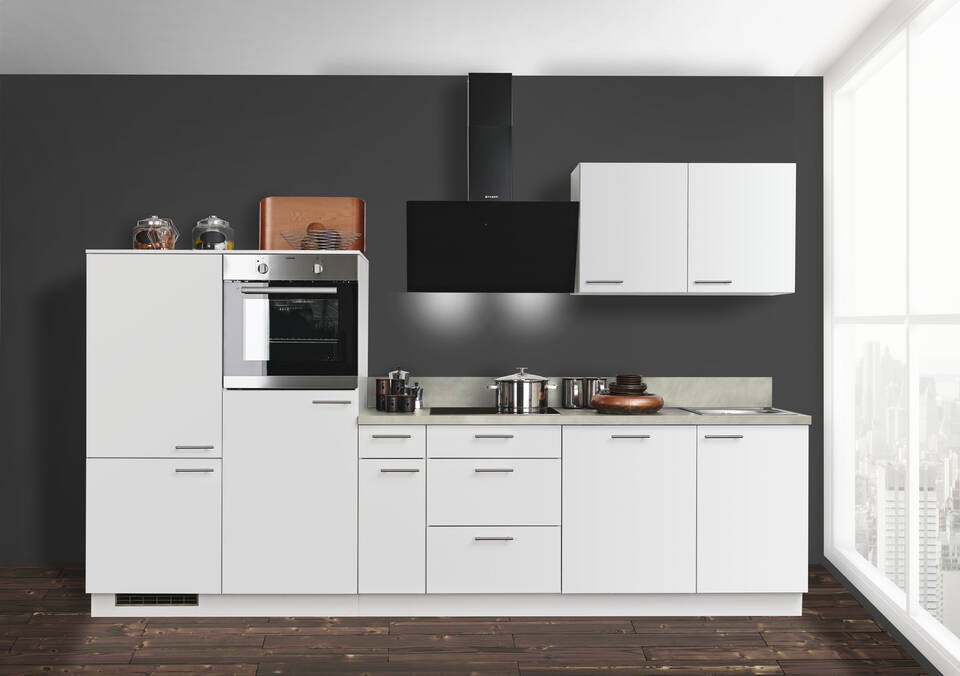 Express Küchenzeile mit Geräten in Weiß & Zement hell: 320 cm, Spüle rechts | Küchenblock "EXK950-1-1"