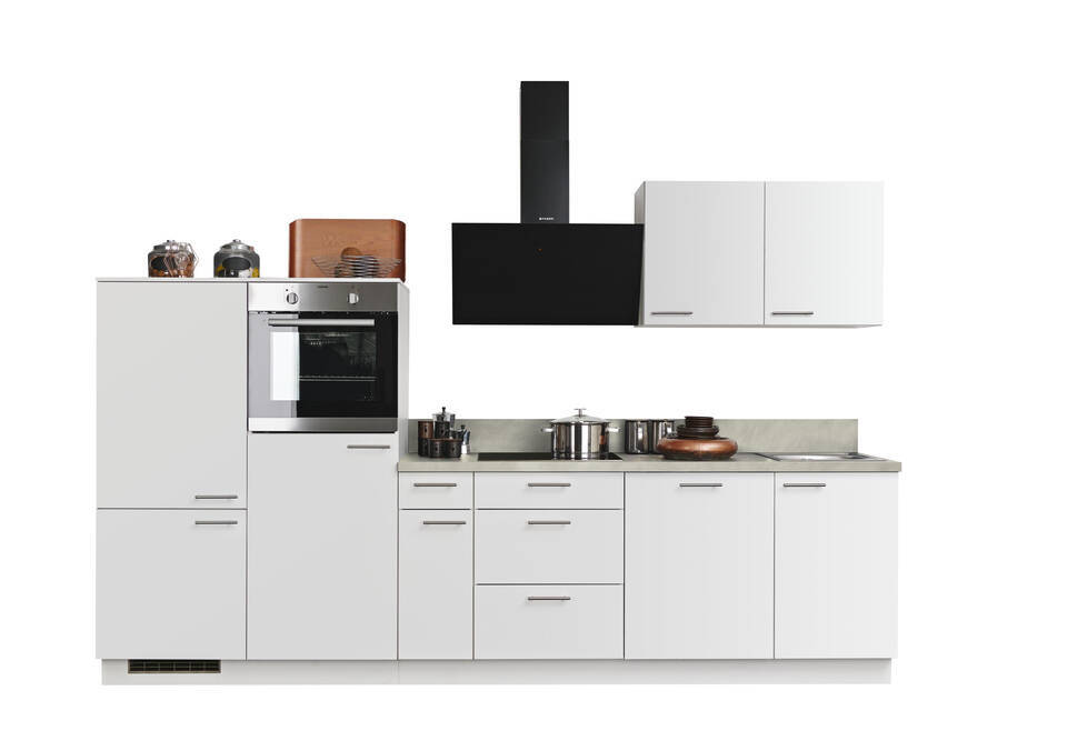 Express Küchenzeile mit Geräten in Weiß & Zement hell: 320 cm, Spüle rechts | Küchenblock "EXK950-1-1-r" / Bild 3