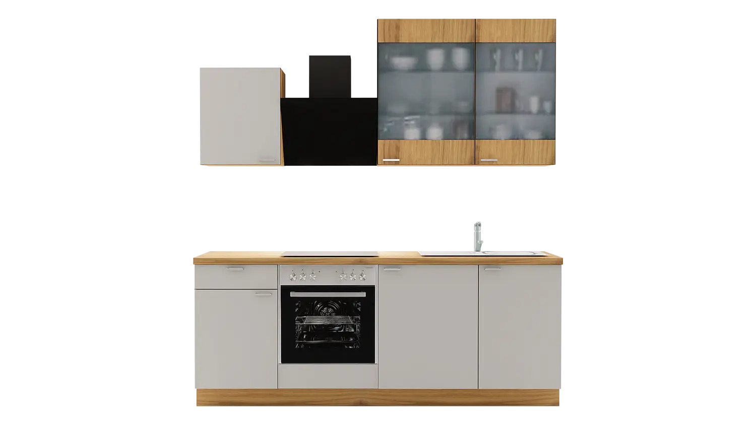 Express Küchenzeile mit Geräten in Hellgrau & Eiche astig: 220 cm, Spüle rechts | Singleküche "EXK960-2-1-r"