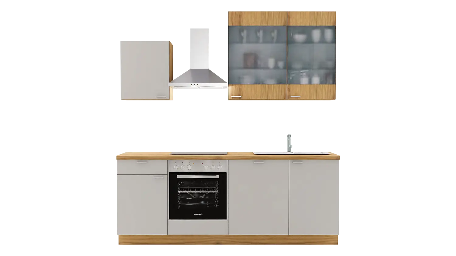 Express Küchenzeile mit Geräten in Hellgrau & Eiche astig: 220 cm, Spüle rechts | Singleküche "EXK970-2-1-r"
