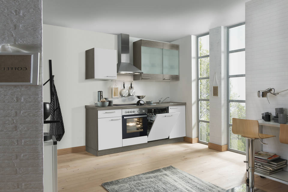 Express Küchenzeile mit Geräten in Weiß & Eiche grau: 220 cm, Spüle rechts | Singleküche "EXK970-1-1" / Bild 1