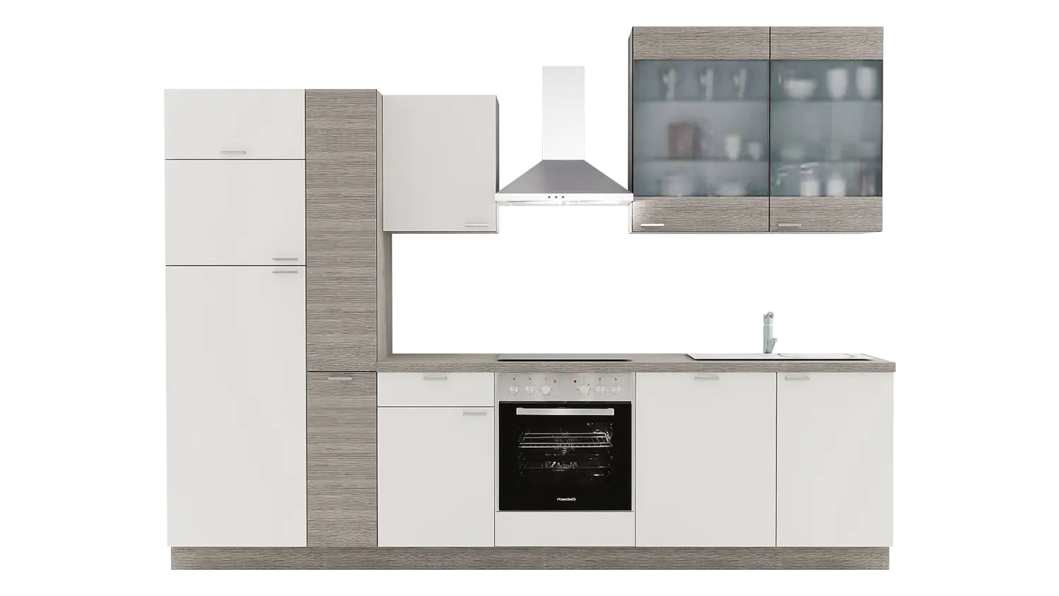 Express Küchenzeile mit Geräten in Weiß & Eiche grau: 310 cm, Spüle rechts | Küchenblock "EXK980-1-1-r"