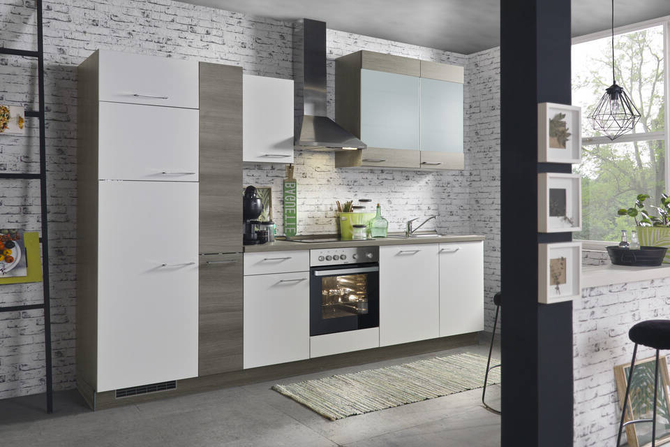 Express Küchenzeile mit Geräten in Weiß & Eiche grau: 310 cm, Spüle rechts | Küchenblock "EXK980-1-1-r" / Bild 2