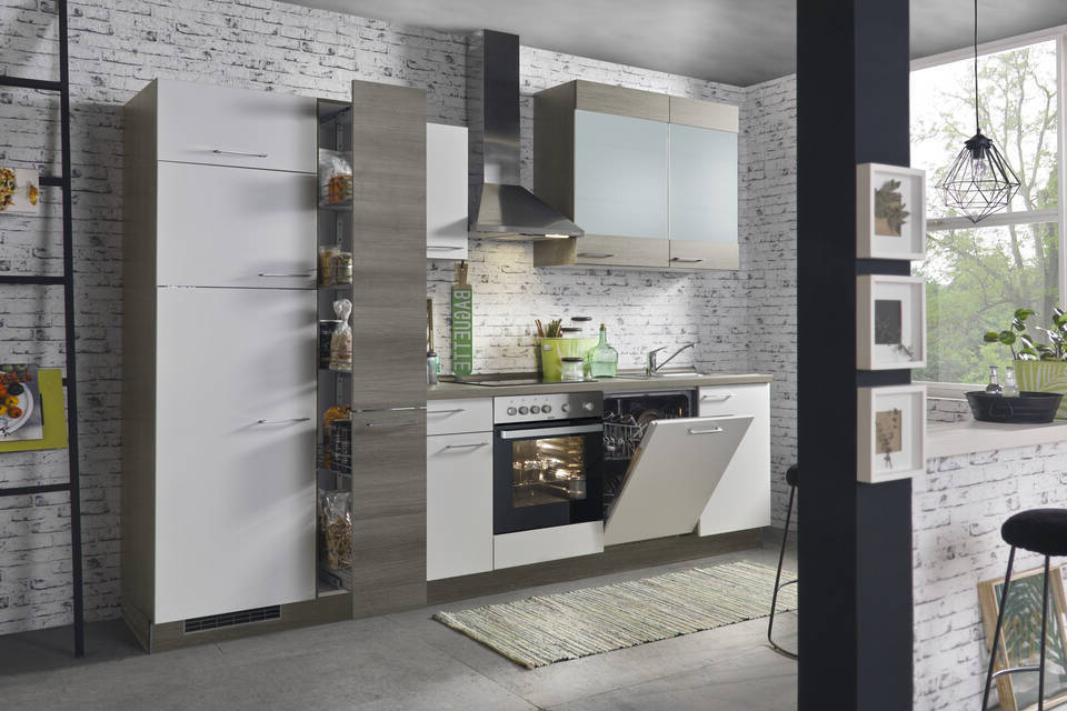 Express Küchenzeile mit Geräten in Weiß & Eiche grau: 310 cm, Spüle rechts | Küchenblock "EXK980-1-1-r" / Bild 3