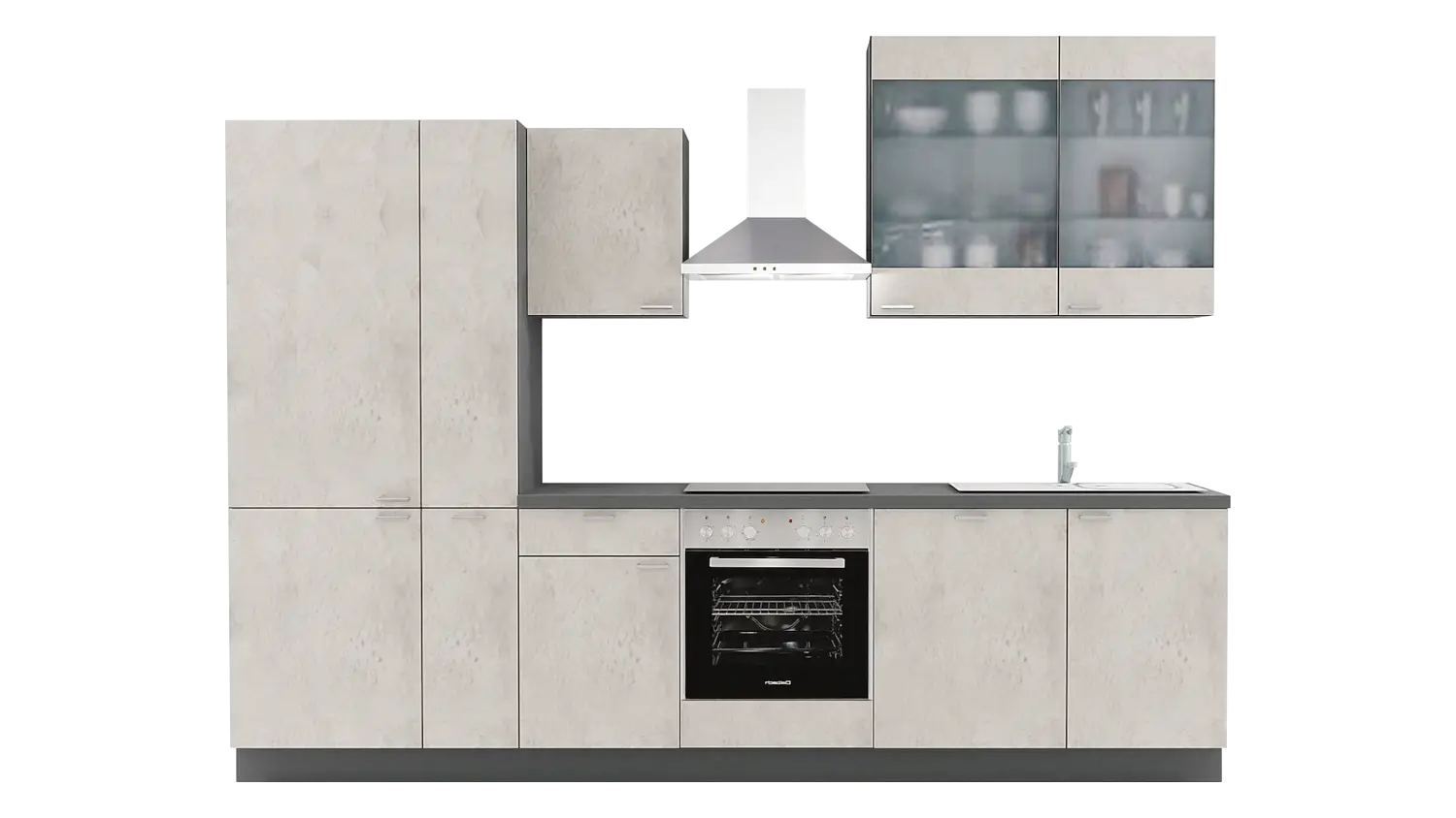 Express Küchenzeile mit Geräten in Beton hell & Anthrazit: 310 cm, Spüle rechts | Küchenblock "EXK990-3-1-r"