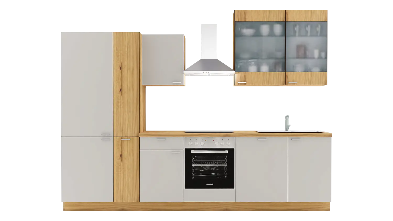 Express Küchenzeile mit Geräten in Hellgrau & Eiche astig: 310 cm, Spüle rechts | Küchenblock "EXK990-2-1-r"