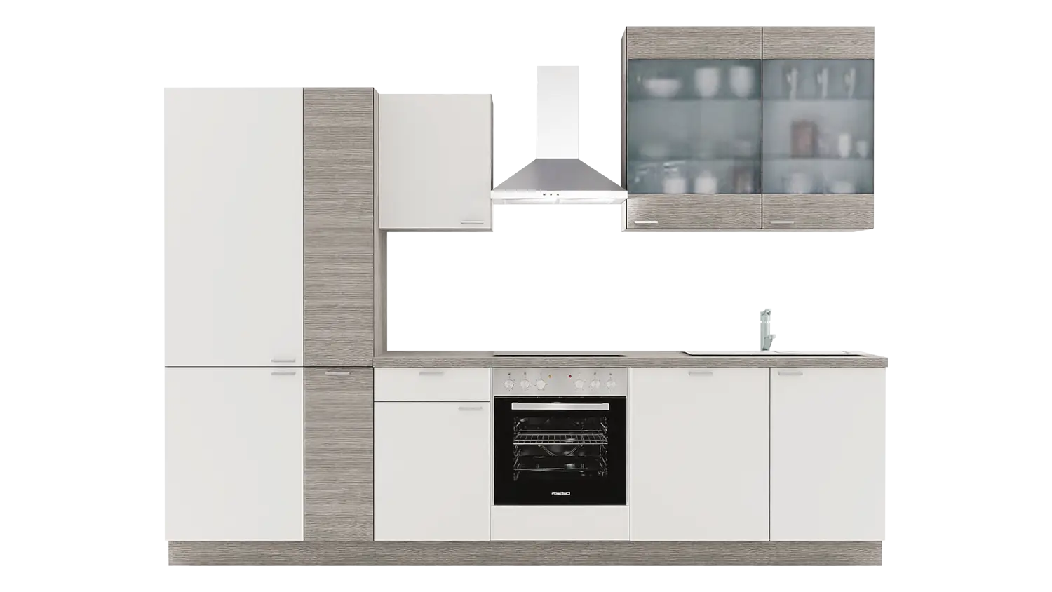 Express Küchenzeile mit Geräten in Weiß & Eiche grau: 310 cm, Spüle rechts | Küchenblock "EXK990-1-1-r" / Bild 1