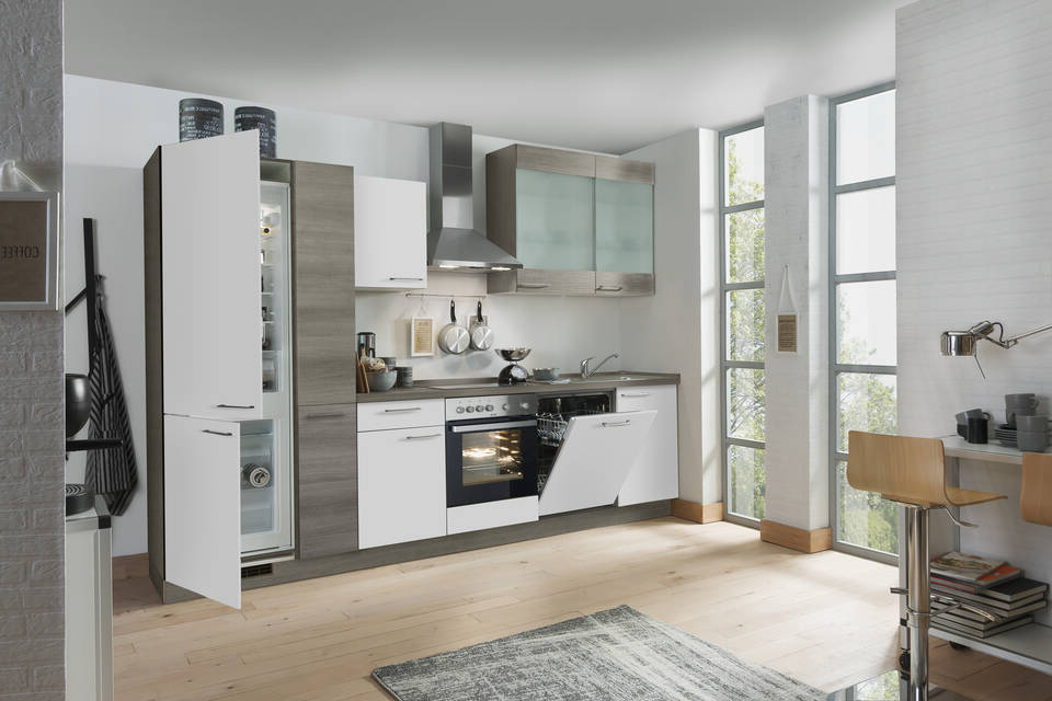 Express Küchenzeile mit Geräten in Weiß & Eiche grau: 310 cm, Spüle rechts | Küchenblock "EXK990-1-1-r" / Bild 2
